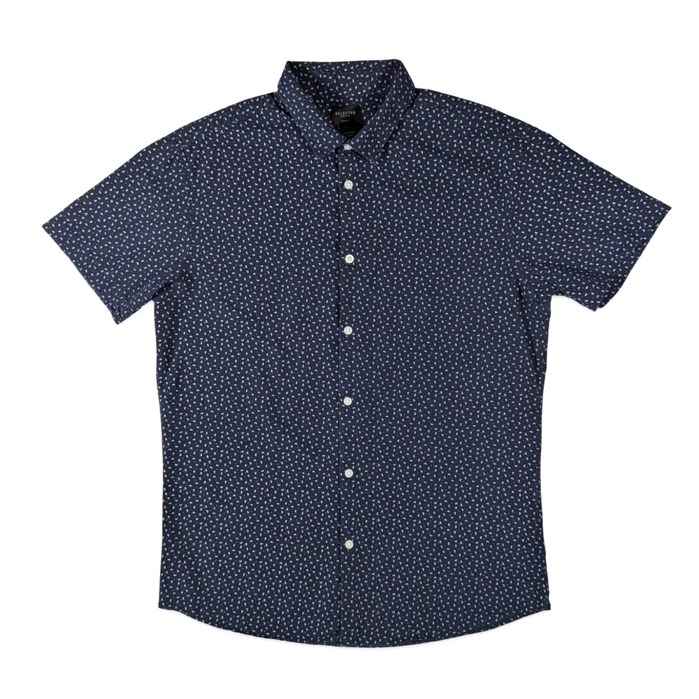 Selected Homme Slim Fit Button Down Shirt Navy Paisley Cotton Linen Size XL